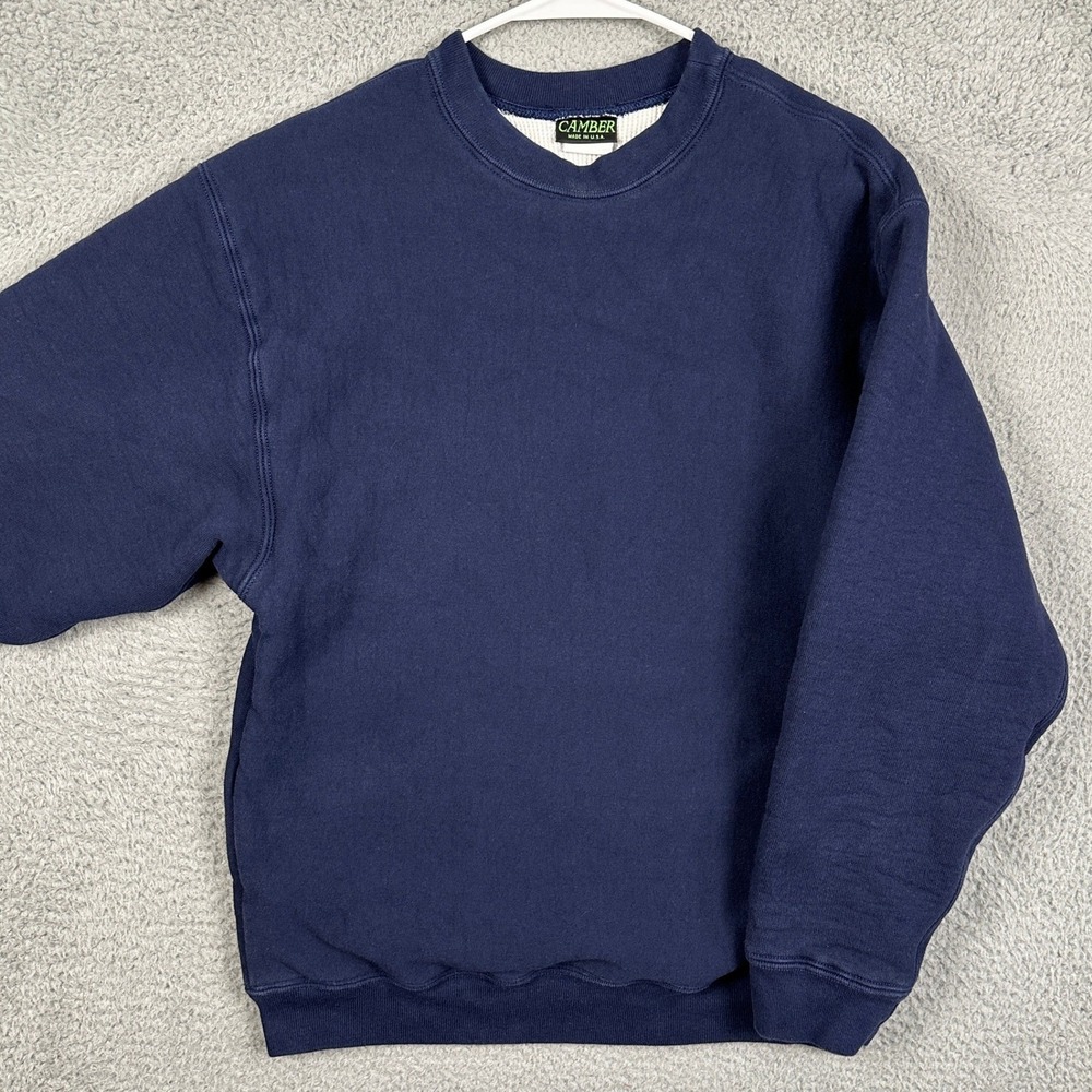 Camber Mens Medium Sweatshirt Crewneck Navy Blue Thermal Lined Made In USA EUC